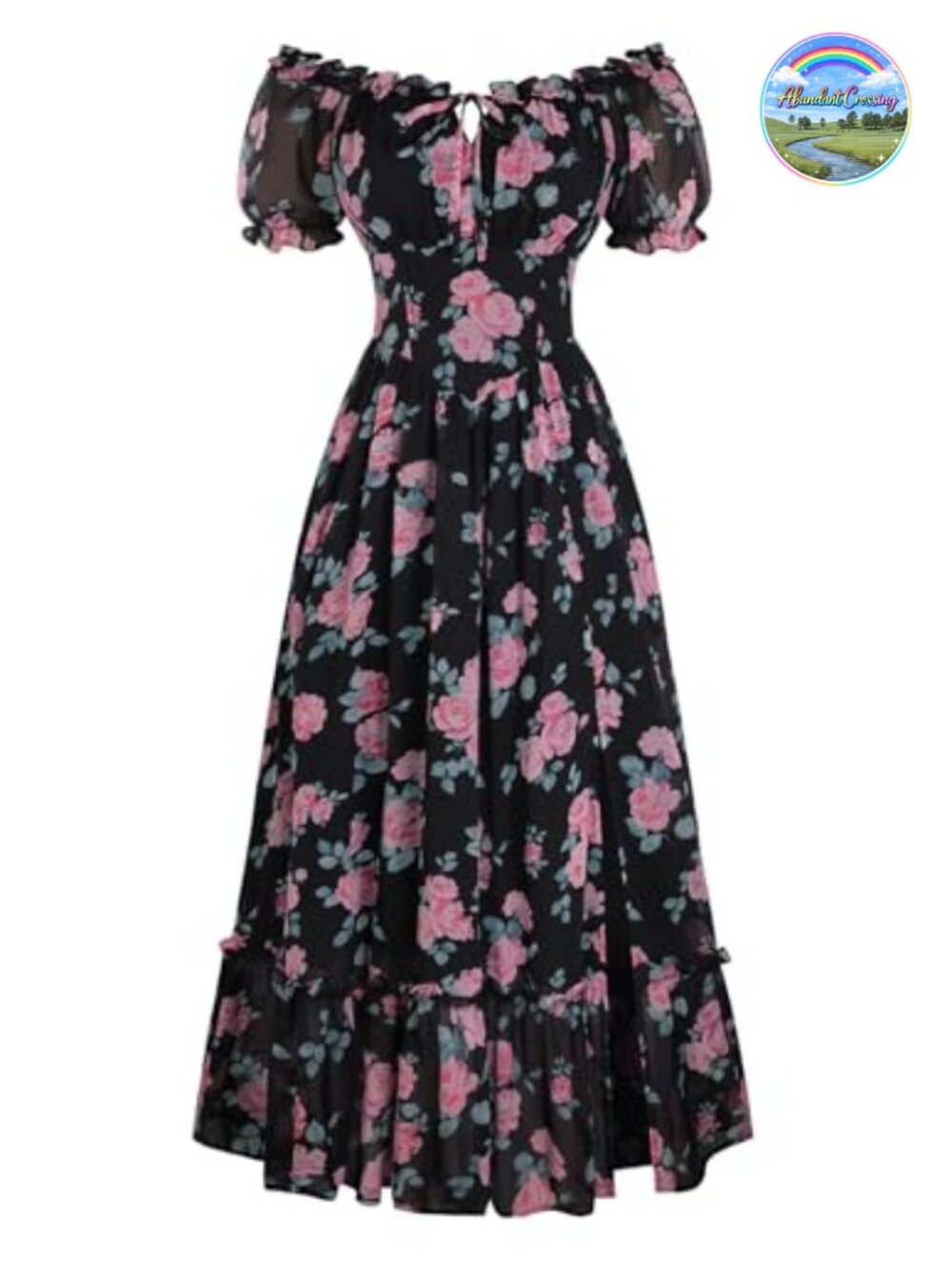 Scarlet Darkness Floral Corset Midi Dress Women A-Line Puff Sleeve Cottagecore